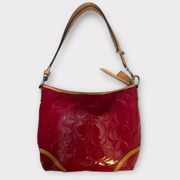 Coach Peyton Embossed C Patent Leather Hobo F20022 Pink Cerise Tan Trim Converts - Picture 4 of 9